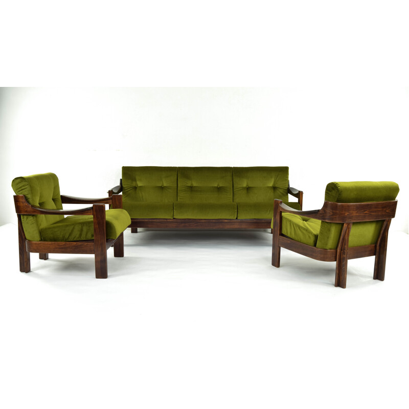 Pair of walnut and green velvet armchairs par AG Barcelona, Spain, 1970s