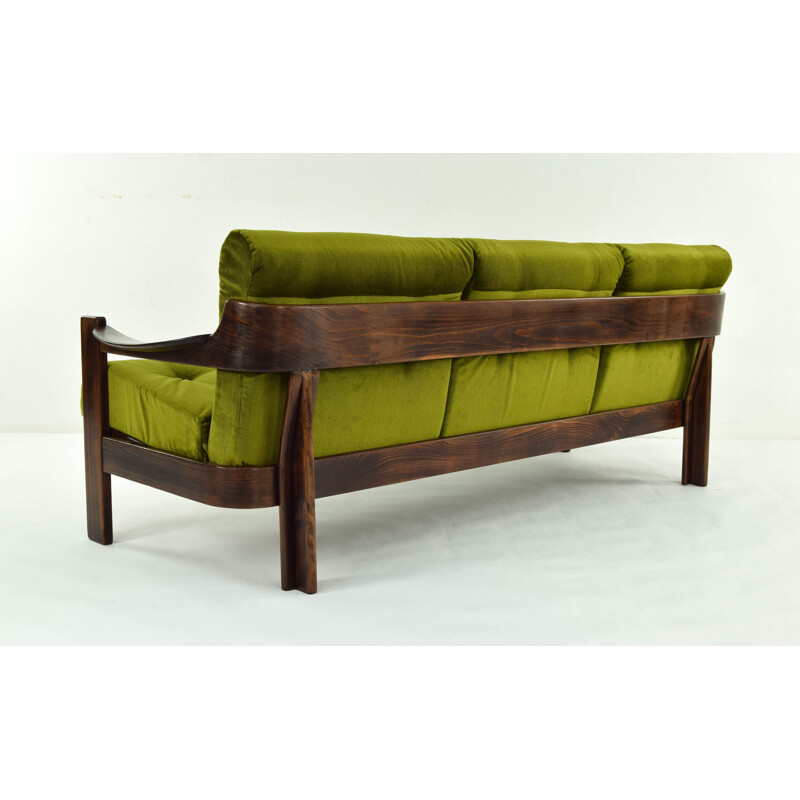 Vintage AG Barcelona Velvet and Walnut Three-Seat Sofa, Spain 1970