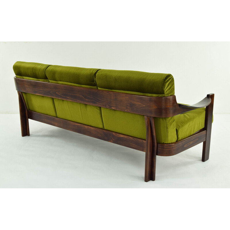 Vintage AG Barcelona Velvet and Walnut Three-Seat Sofa, Spain 1970