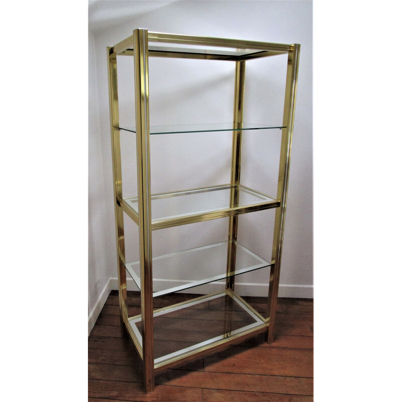 Vintage bookcase in chromed metal and gold Italian design Hollywood regency style 1970