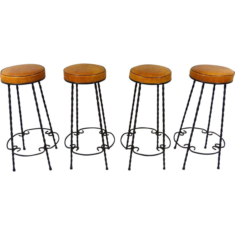 Ensemble de 4 tabourets de bar vintage en fer forgé, 1950