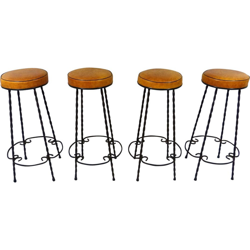 Set of 4 vintage wrought iron bar stools, 1950s