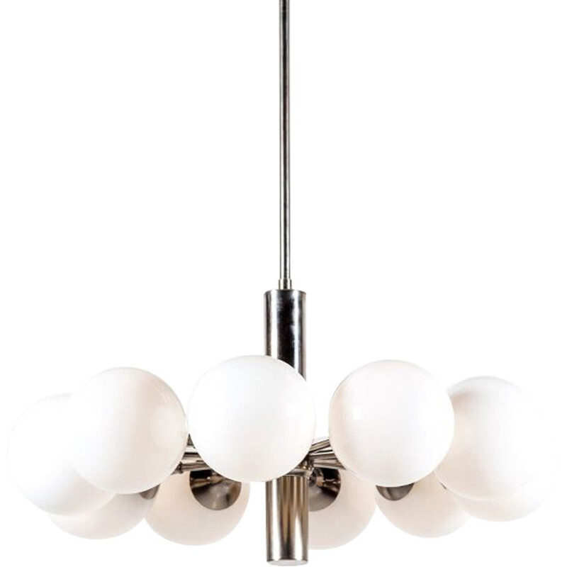 Vintage Italian chrome & milk glass chandelier by Gaetano Sciolari, 1960s