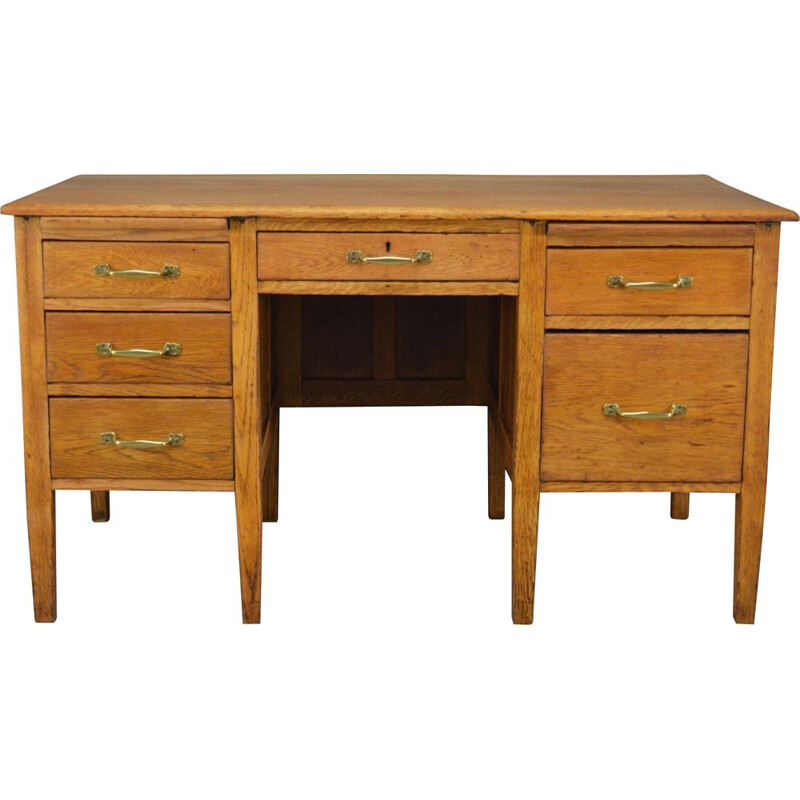 Vintage oak desk with brass handles, United Kingdom