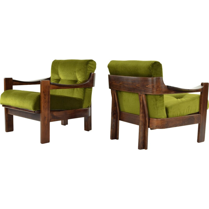 Pair of walnut and green velvet armchairs par AG Barcelona, Spain, 1970s