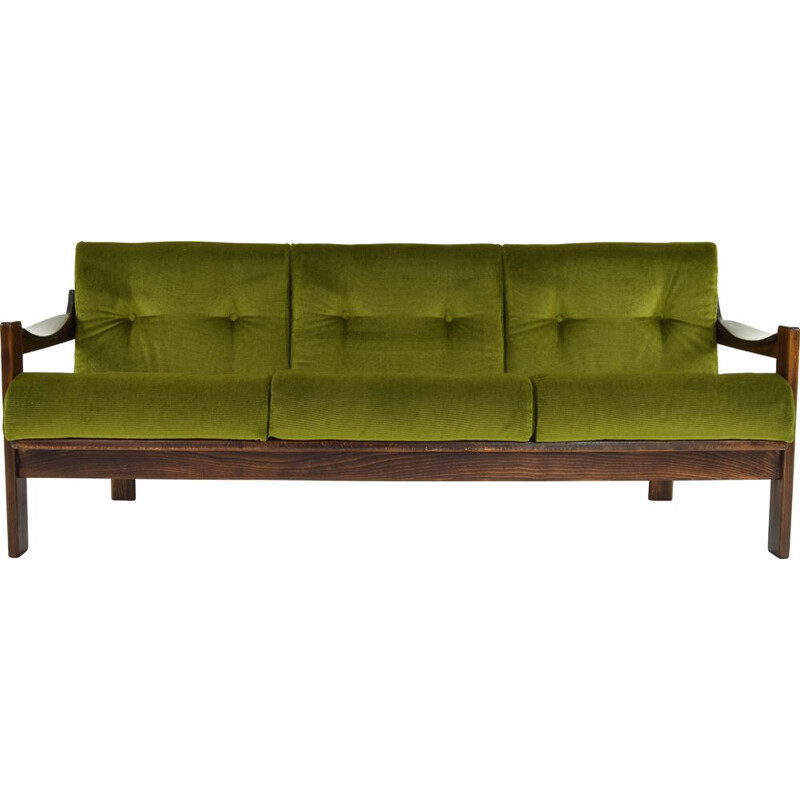 Vintage AG Barcelona Velvet and Walnut Three-Seat Sofa, Spain 1970