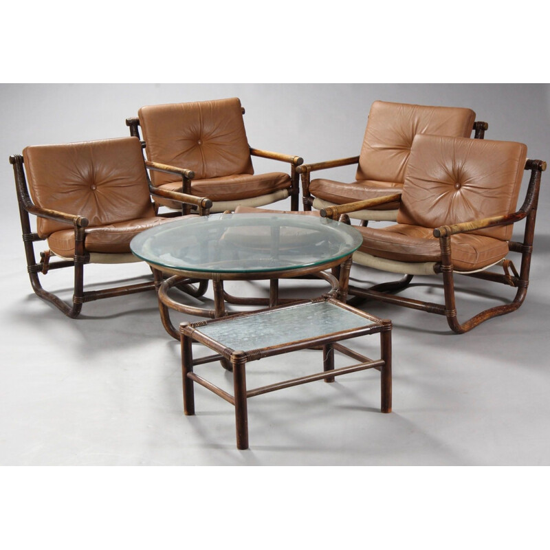 Vintage rattan and leather lounge set, 1950's