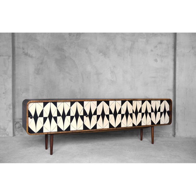 Vintage walnut sideboard with black and white pattern, 1960