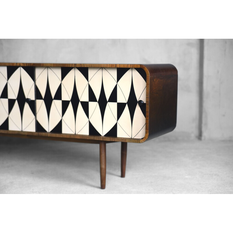 Vintage walnut sideboard with black and white pattern, 1960