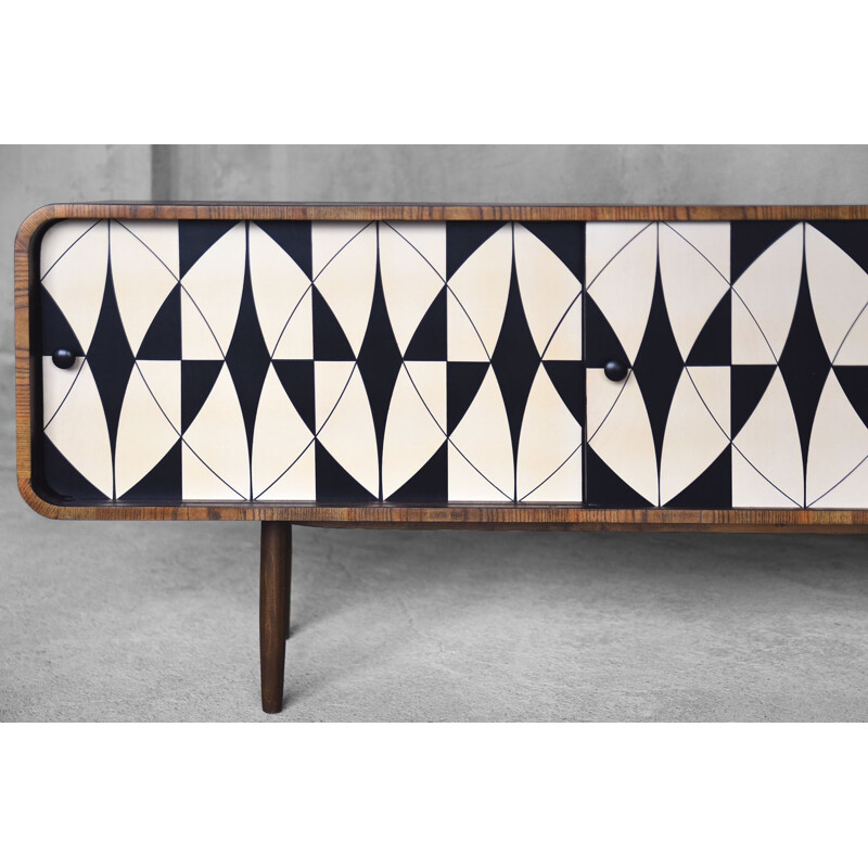 Vintage walnut sideboard with black and white pattern, 1960