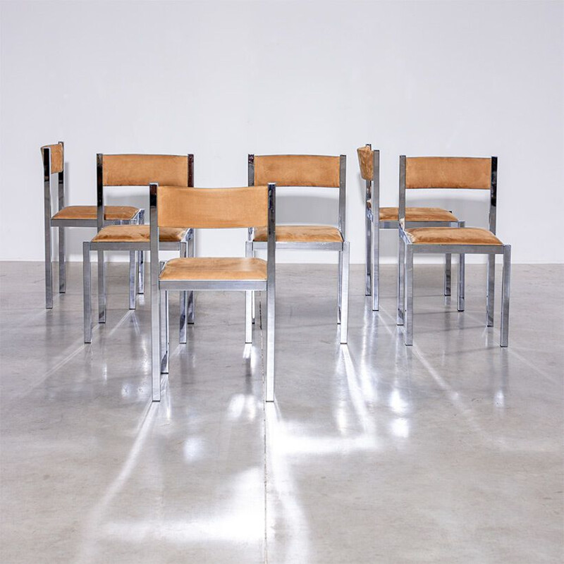 Ensemble de 6 chaises vintage de salle à manger chromées 1970