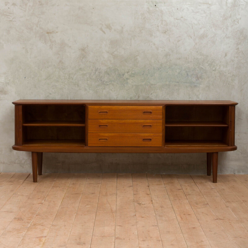 Vintage Low Danish teak sideboard with tambour sliding door