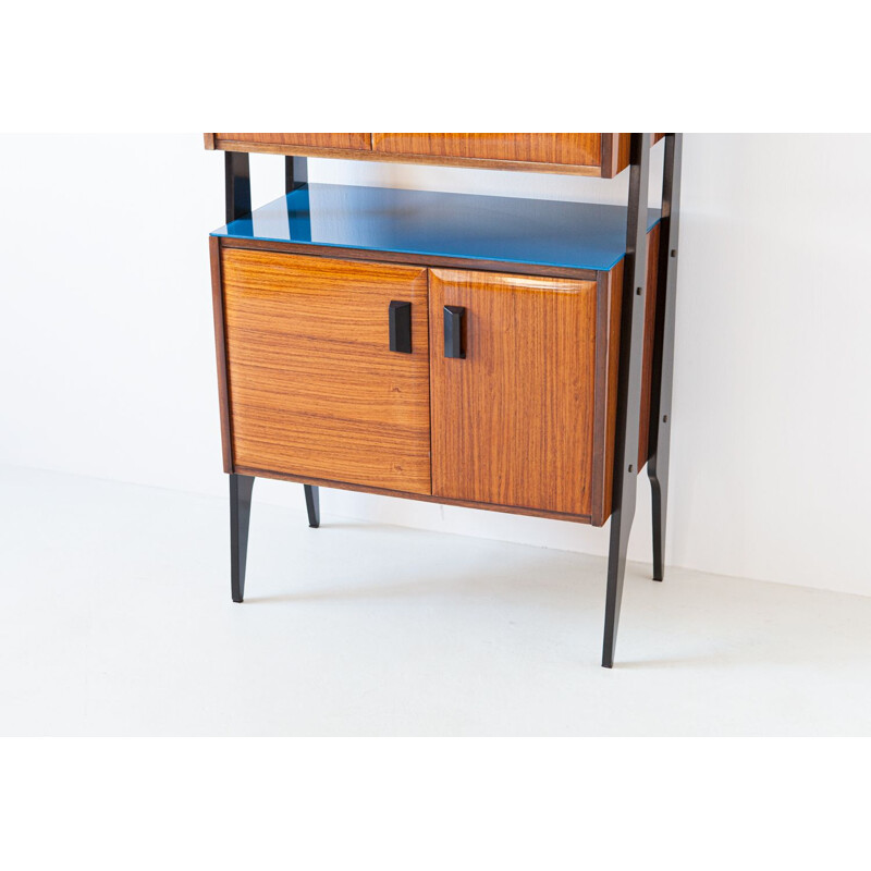 Vintage Italian Blonde Rosewood Blue Glass and Brass Credenza 1950