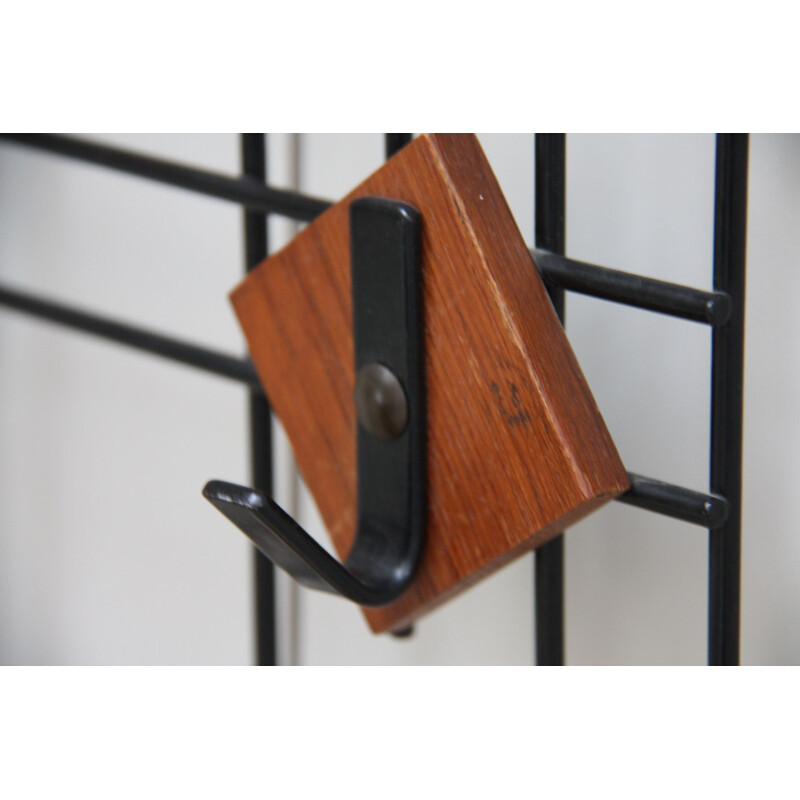 Vintage hat & coat rack in black metal and teak - The Netherlands - 1960