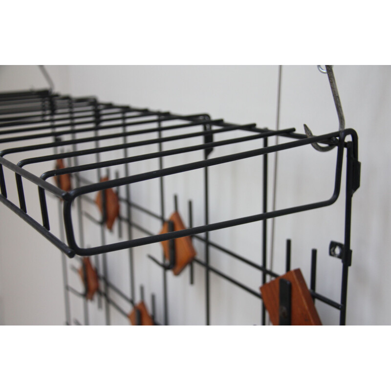 Vintage hat & coat rack in black metal and teak - The Netherlands - 1960