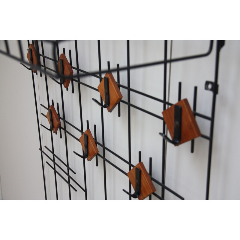 Vintage hat & coat rack in black metal and teak - The Netherlands - 1960