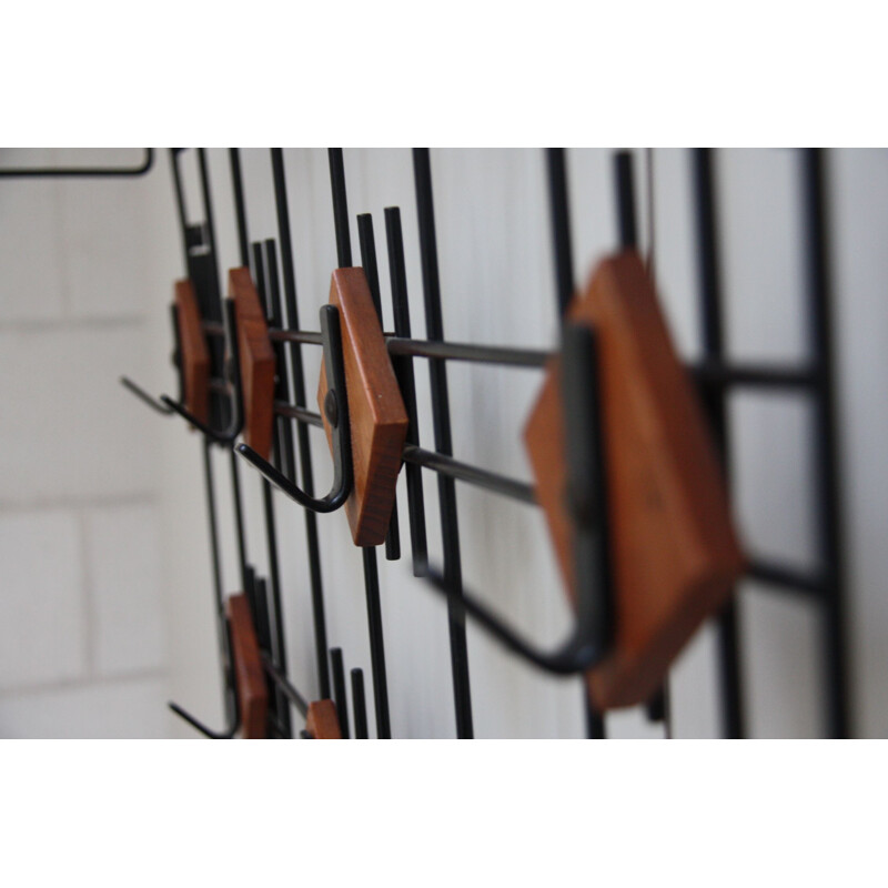 Vintage hat & coat rack in black metal and teak - The Netherlands - 1960