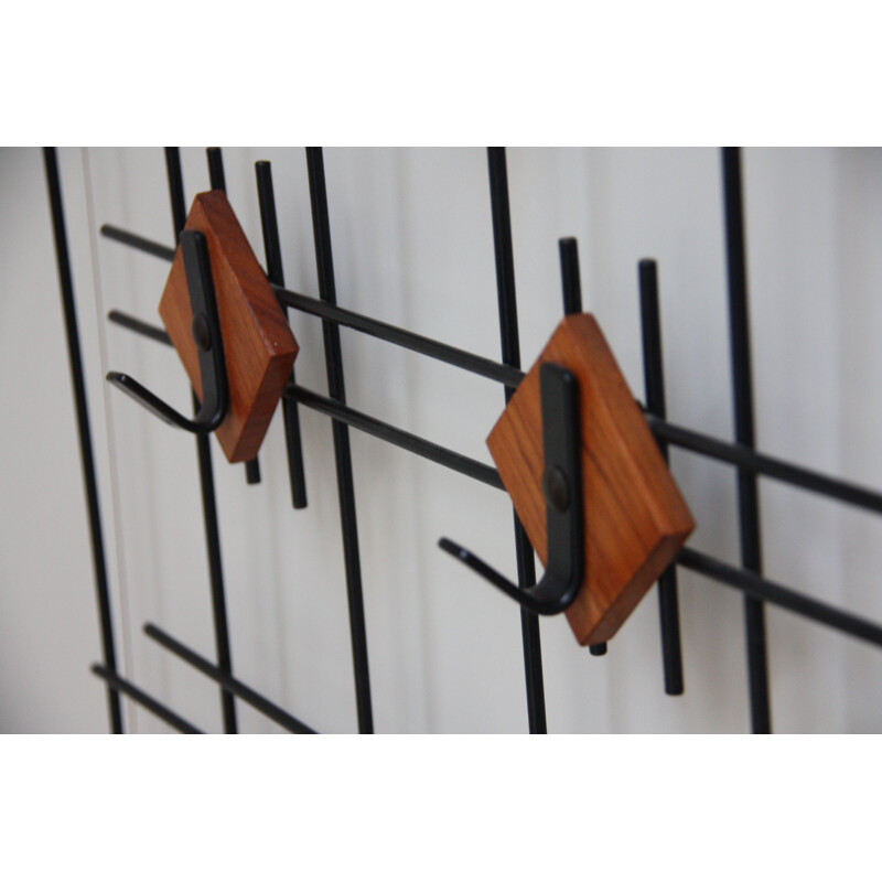 Vintage hat & coat rack in black metal and teak - The Netherlands - 1960