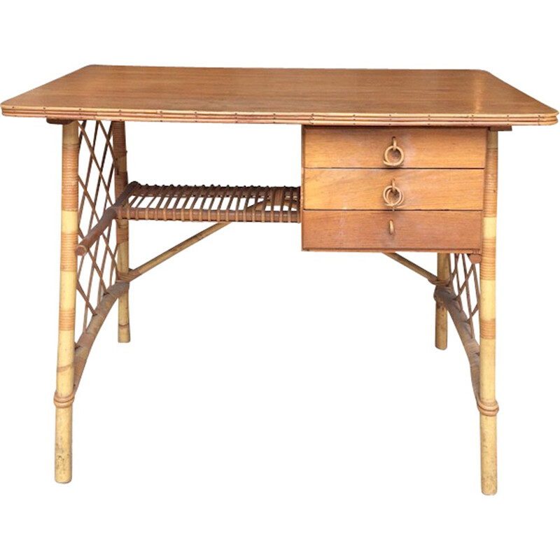 French desk in rattan and wicker, Louis SOGNOT - 1960s