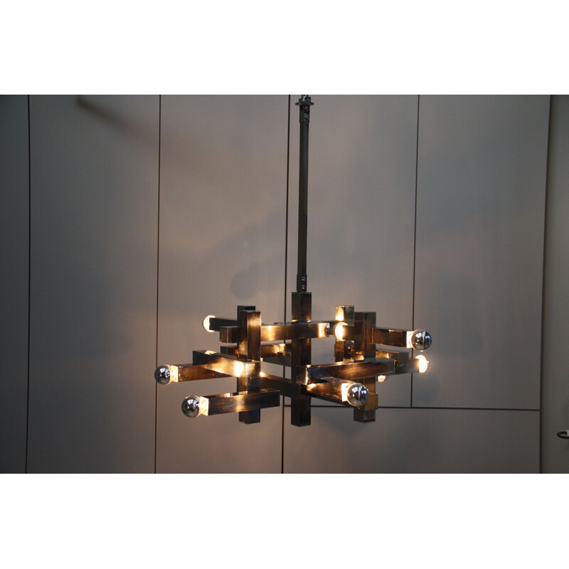 Vintage Chandelier in chrome plated steel, model "Metric" - Gaetano Sciolori - Italy - 1970