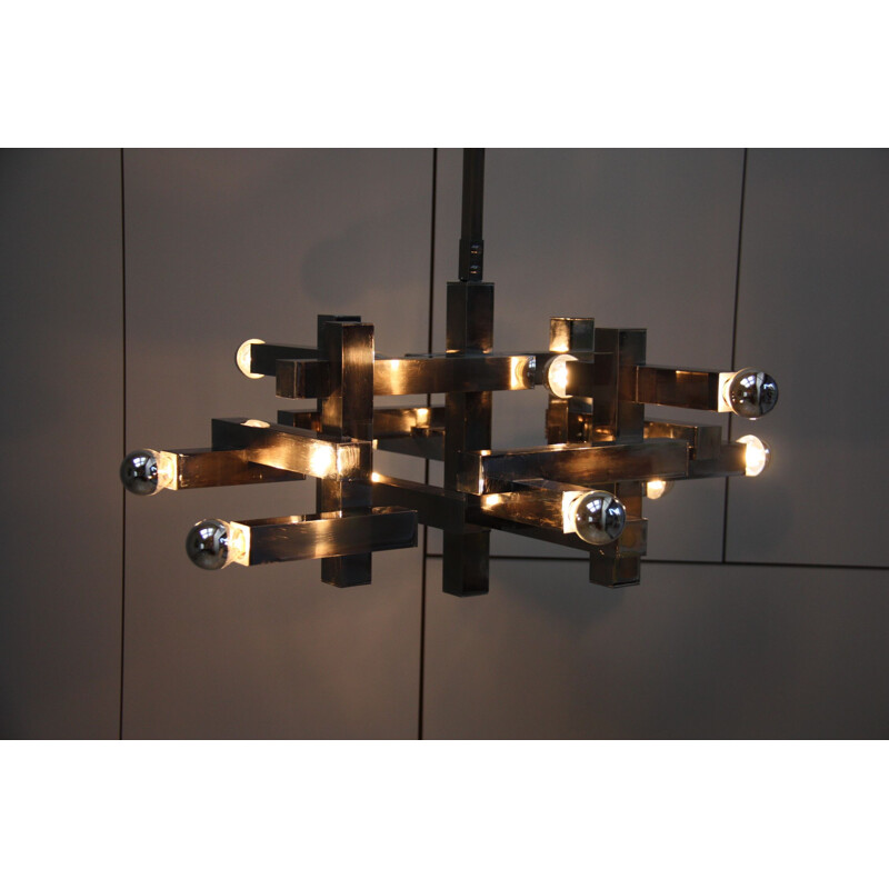 Vintage Chandelier in chrome plated steel, model "Metric" - Gaetano Sciolori - Italy - 1970