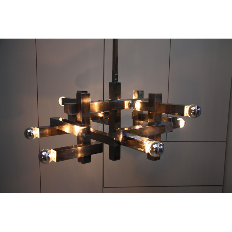 Vintage Chandelier in chrome plated steel, model "Metric" - Gaetano Sciolori - Italy - 1970