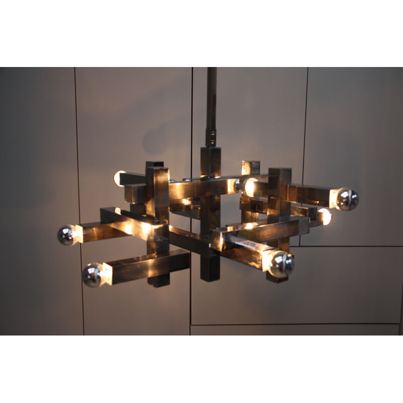 Vintage Chandelier in chrome plated steel, model "Metric" - Gaetano Sciolori - Italy - 1970