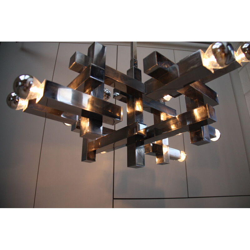 Vintage Chandelier in chrome plated steel, model "Metric" - Gaetano Sciolori - Italy - 1970