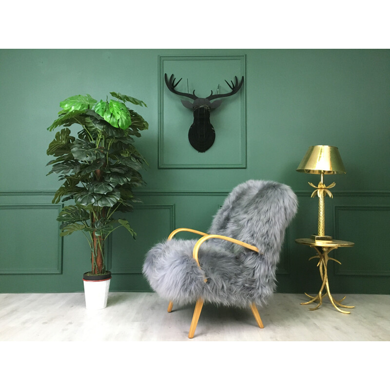 Vintage Art Deco armchair in grey sheepskin and wood