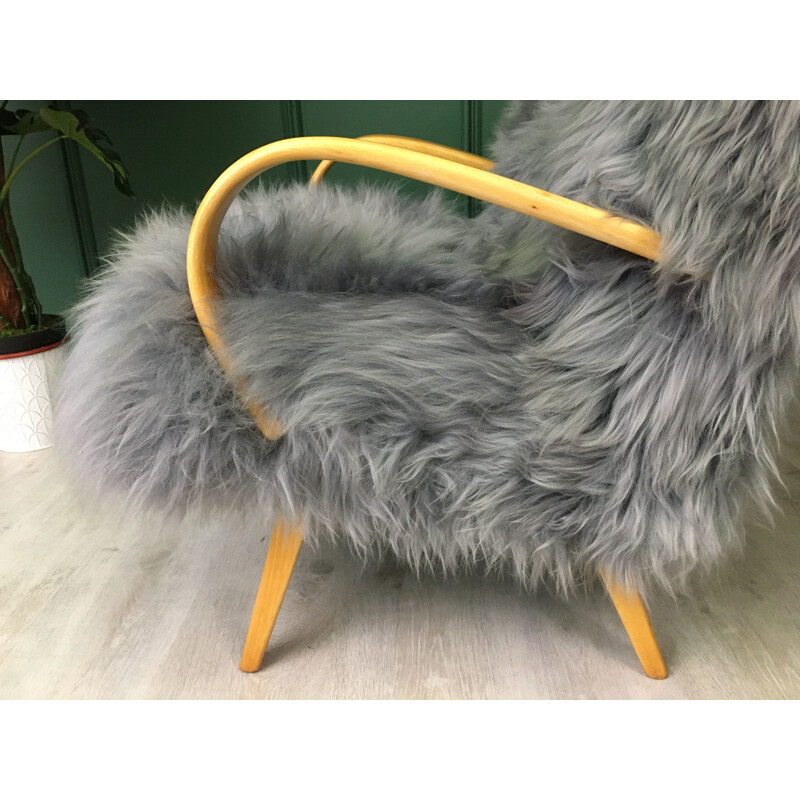 Vintage Art Deco armchair in grey sheepskin and wood