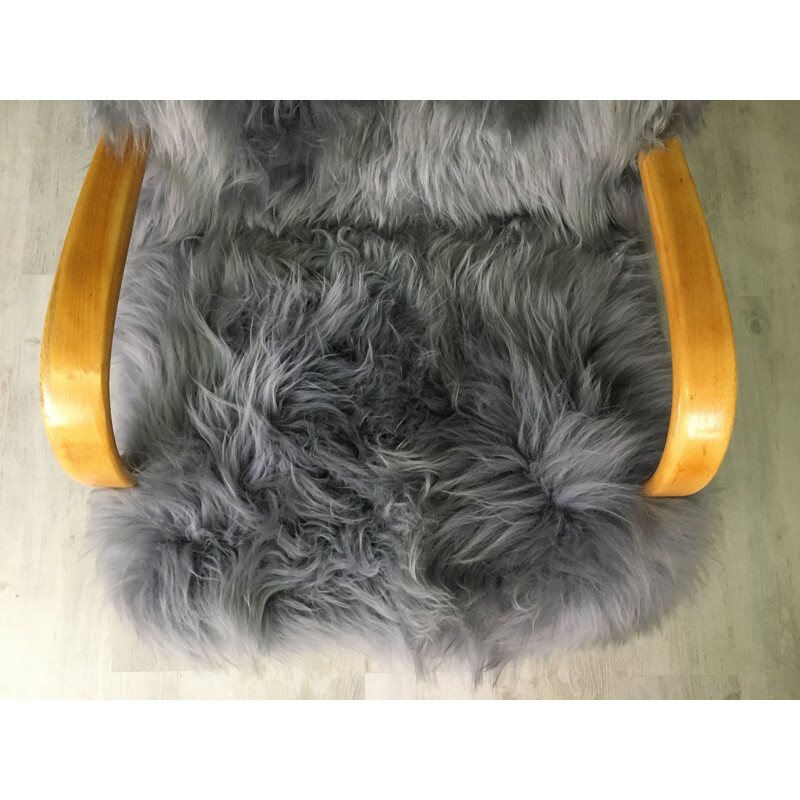 Vintage Art Deco armchair in grey sheepskin and wood