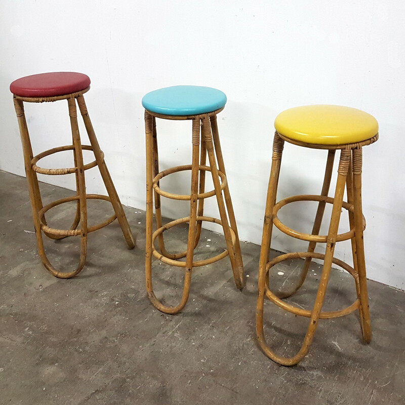 Set of 3 vintage rattan bar stools
