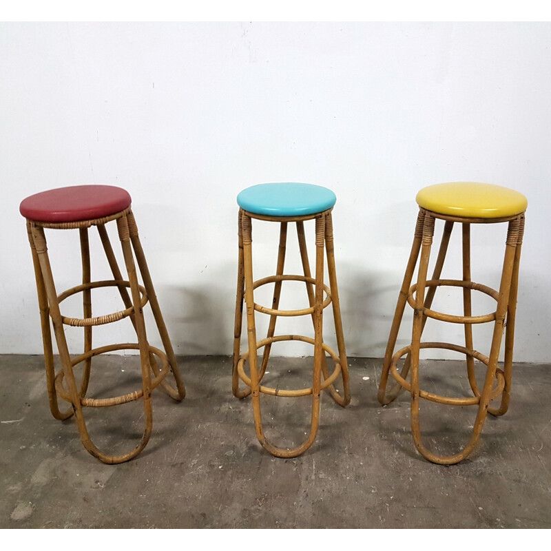 Set of 3 vintage rattan bar stools