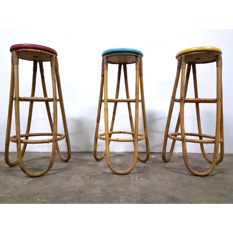 Set of 3 vintage rattan bar stools