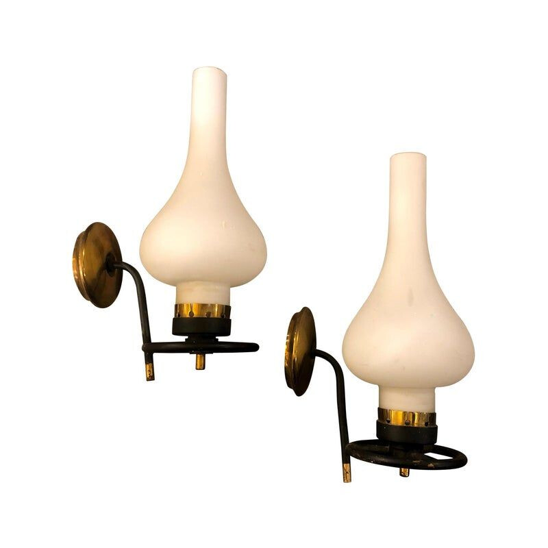 Set of 2 vintage Brass and White Glass Wall lights, 1950s