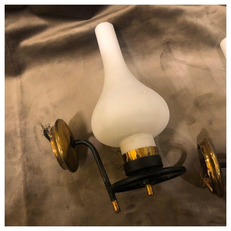 Set of 2 vintage Brass and White Glass Wall lights, 1950s