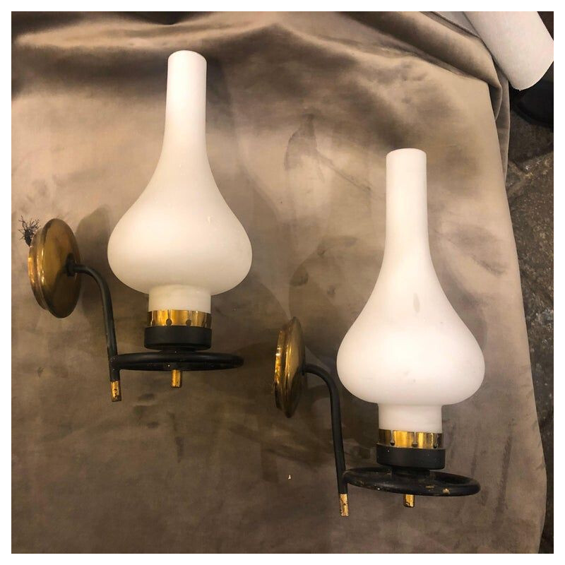Set of 2 vintage Brass and White Glass Wall lights, 1950s