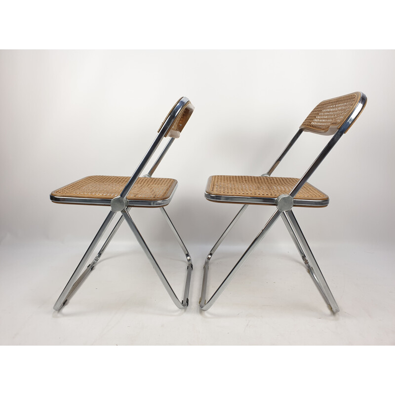 Set of 2 vintage Plia folding chairs with woven wicker by Giancarlo Piretti for Castelli, 1967