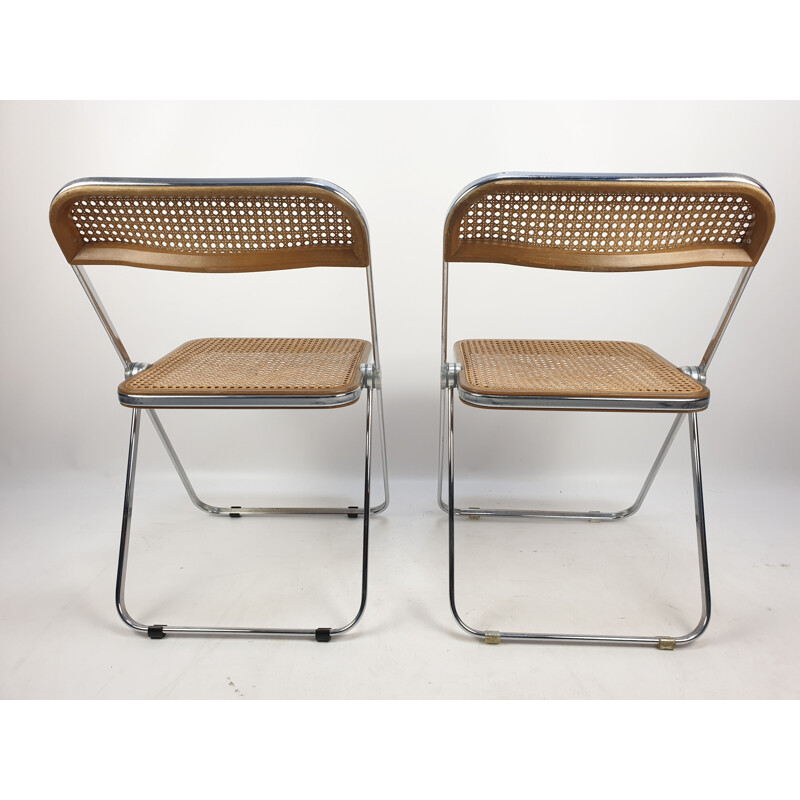 Set of 2 vintage Plia folding chairs with woven wicker by Giancarlo Piretti for Castelli, 1967