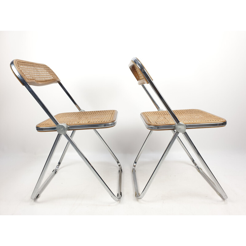 Set of 2 vintage Plia folding chairs with woven wicker by Giancarlo Piretti for Castelli, 1967