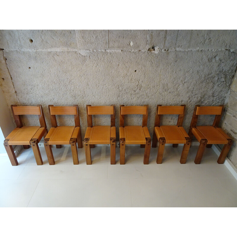 Set of 6 vintage chairs S11in elm wood by Pierre Chapo, 1970s