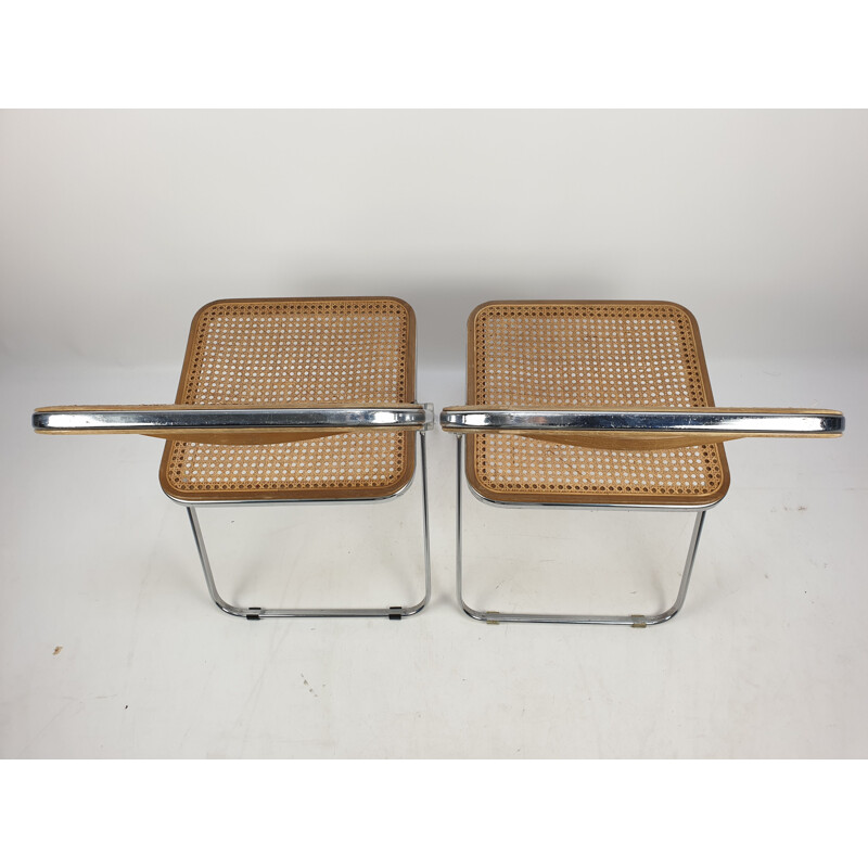 Set of 2 vintage Plia folding chairs with woven wicker by Giancarlo Piretti for Castelli, 1967