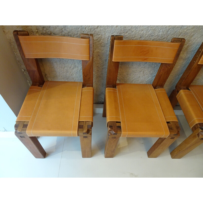 Set of 6 vintage chairs S11in elm wood by Pierre Chapo, 1970s