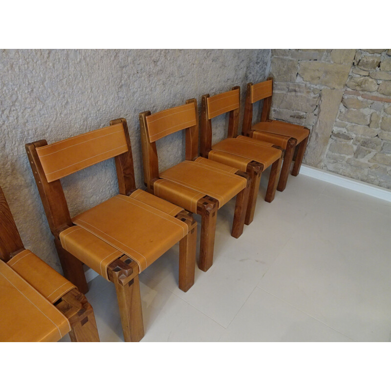 Set of 6 vintage chairs S11in elm wood by Pierre Chapo, 1970s