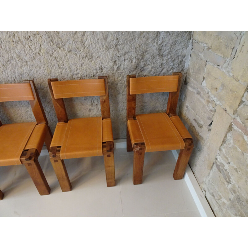 Set of 6 vintage chairs S11in elm wood by Pierre Chapo, 1970s