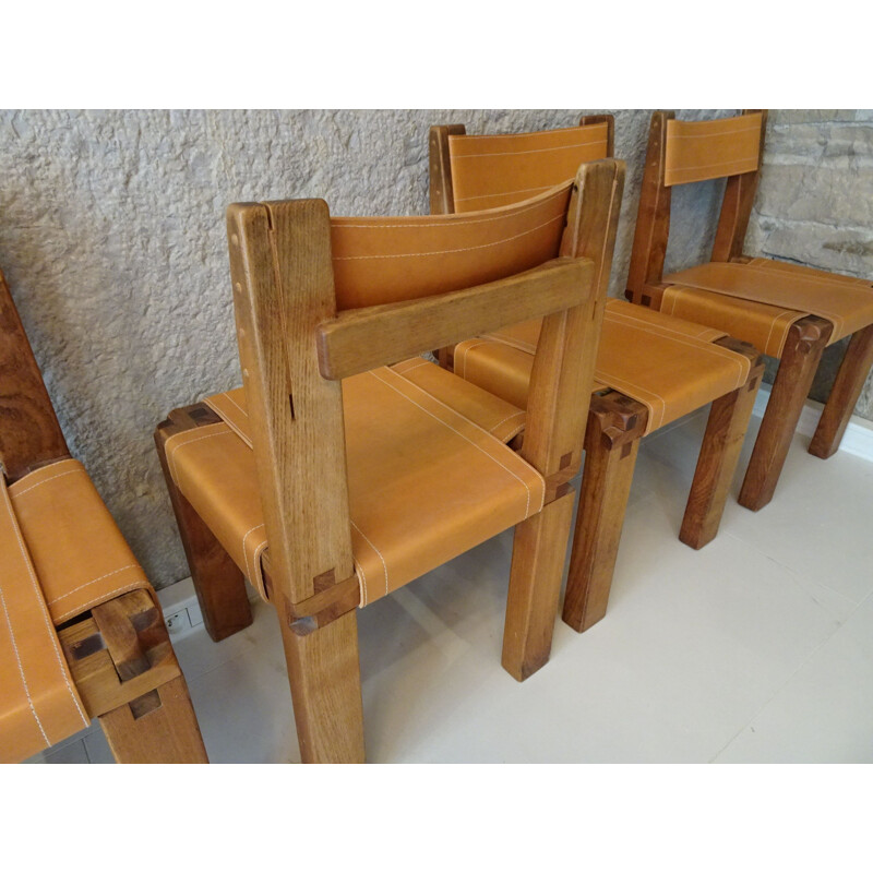 Set of 6 vintage chairs S11in elm wood by Pierre Chapo, 1970s