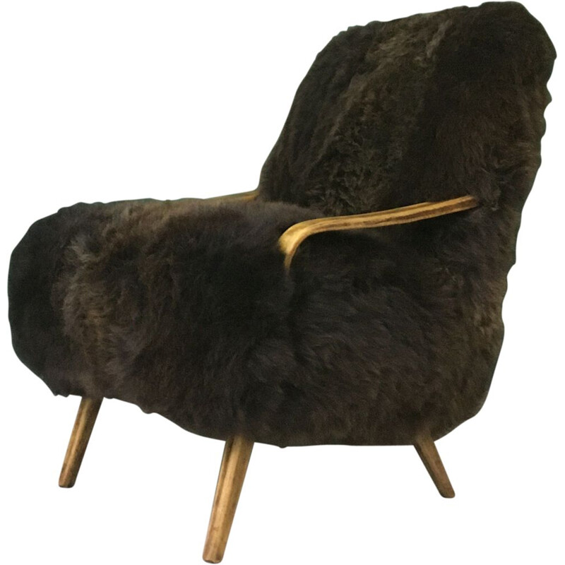 Vintage Art Deco brown sheepskin armchair