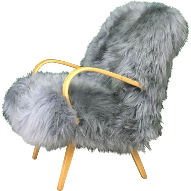 Vintage Art Deco armchair in grey sheepskin and wood