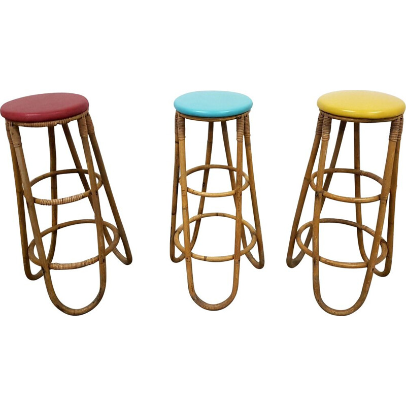 Set of 3 vintage rattan bar stools