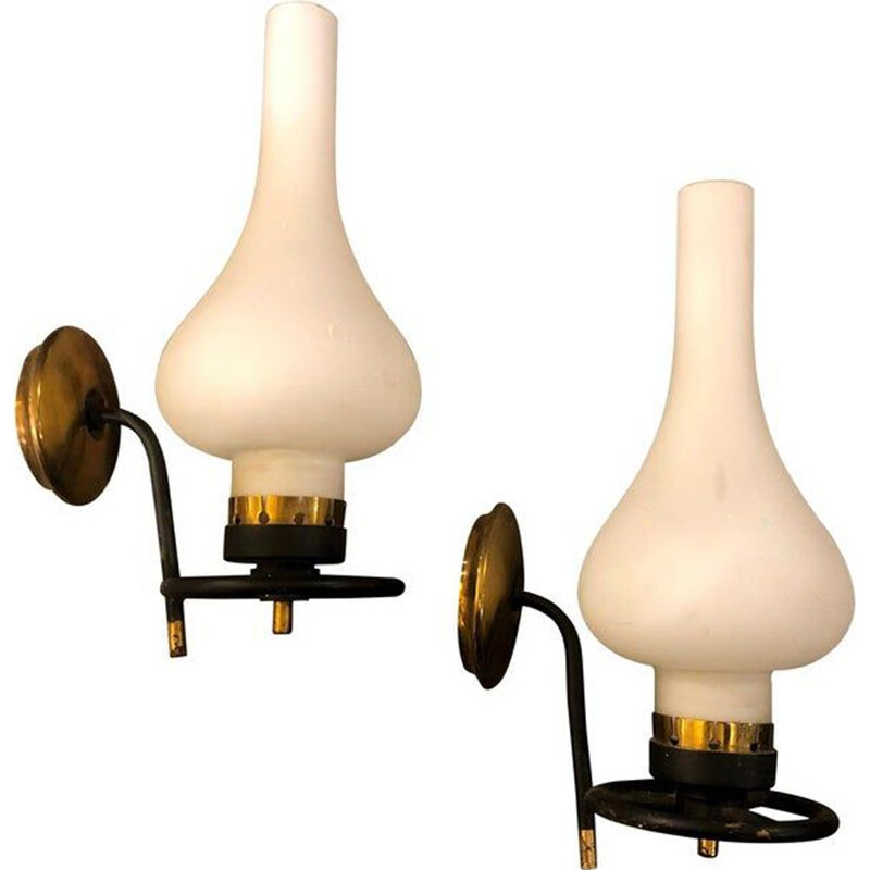 Set of 2 vintage Brass and White Glass Wall lights, 1950s